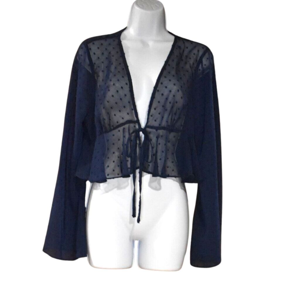 Shein Sheer Blouse Size Large Blue Long Sleeve Open Front Tie